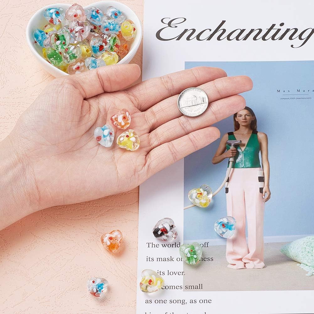 Craftdady 100Pcs Lampwork Glass Bumpy Heart Spacer Beads 13-15mm Handcrafted Luminous Love Heart Loose Beads with Flower Random Mixed Colors for Jewelry Making Hole: 1-2mm