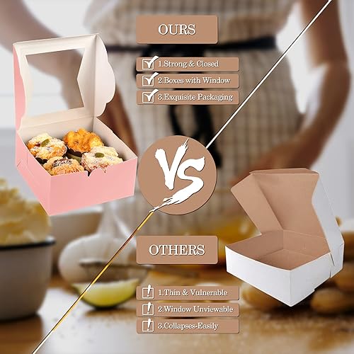 Miniatura 6 de KPOSIYA 65 cajas de panadería con ventana de 6 x 6 x 3 pulgadas, cajas de galletas de 5 estilos, cajas pequeñas de pastelería para dulces, postres,