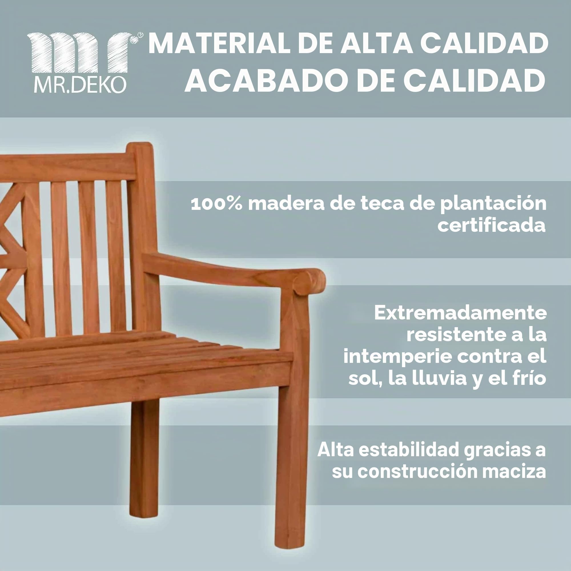Mr. Deko - Banco/Banc de Teca para/per a jardín/jardí, Parque/PARC, mobiliario Exterior, balcón/balcó | Resistente/Resistent Madera/Fusta de Teca | Asiento/seient Decorativo rústico terraza/pati