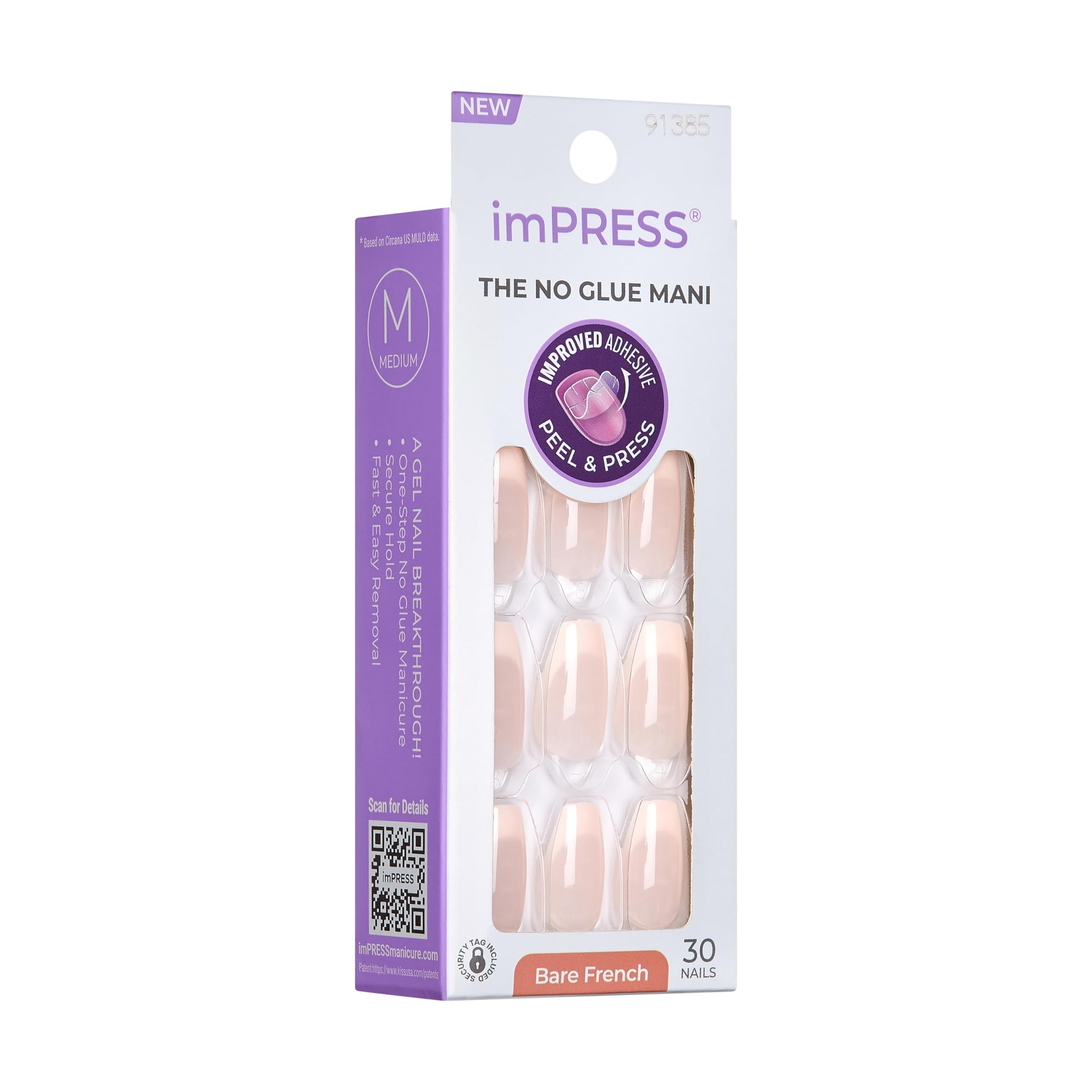 KISS imPRESS paznokcie samoprzylepne - Genuine,french, długość średnia, kształt coffin, 30 szt., mini pilnik, patyczek do skórek oraz gaziki dezynfekujące.