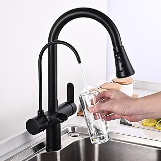 Grifo de Cocina de 3 Vías Extensible Sistema de Ósmosis Negro Grifo de Agua Potable Cascada Modo Dual Rotación de Un Solo Mango