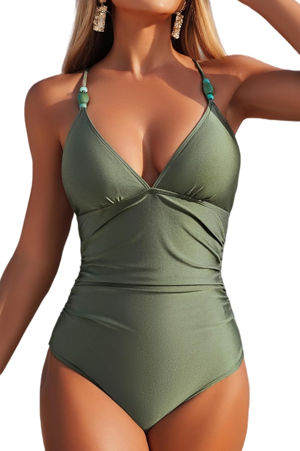 Women's One Piece Swimsuit Tummy Control with Beaded Straps Sexy Deep V Neck Crissc...
