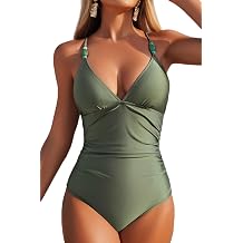 Womens One Piece Tummy Control Swimsuit with Beaded Straps