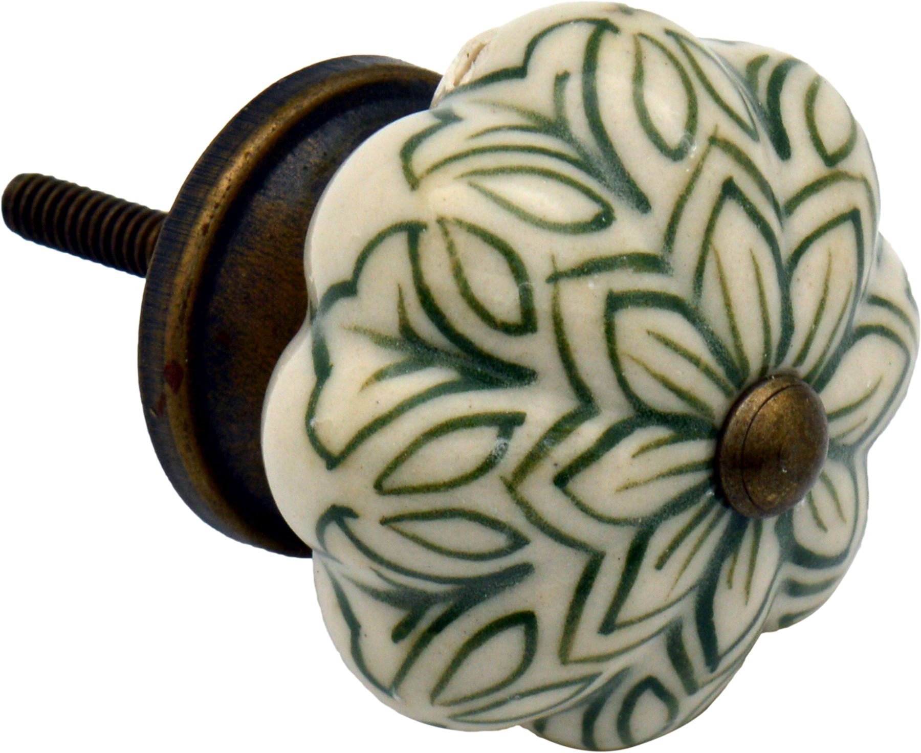 Nicola Spring Ceramic Cupboard Drawer Handle Knob - Vintage Flower Design - Olive Green