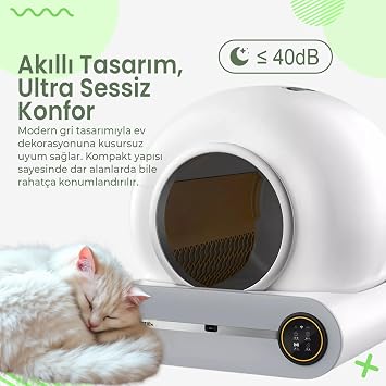 Haustier BF01 Akıllı Otomatik Kedi Tuvaleti, Uzaktan Kontrol, 65lt Hazne, 9lt Çöp haznesi-UV Kötü Koku Temizleme, Ağırlık sensörlü Beyaz + 45 Adet Çöp Torbası, Beyaz