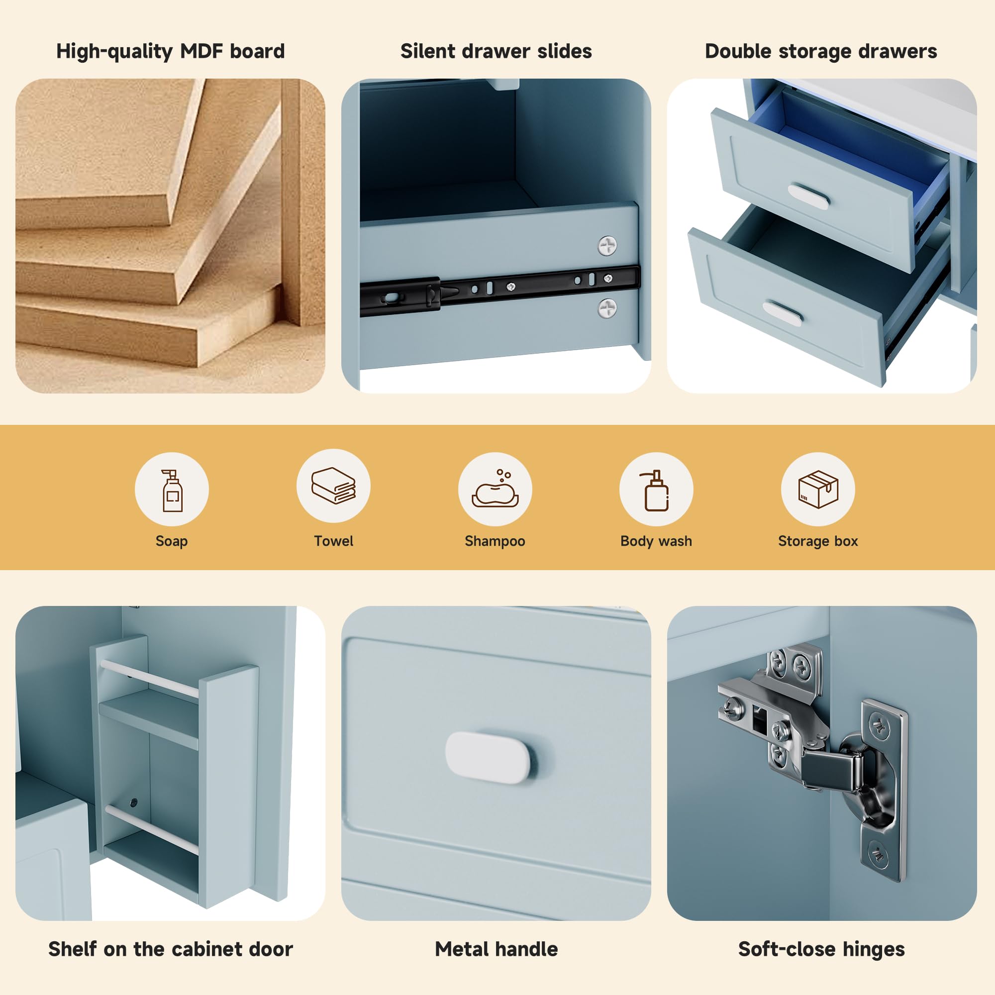 SACOOL 76 x 46 x 51 cm, armadietto sospeso da bagno, completamente laccato, illuminazione a LED con sensore radar, due cassetti, guide scorrevoli silenziose, lavabo integrato, blu