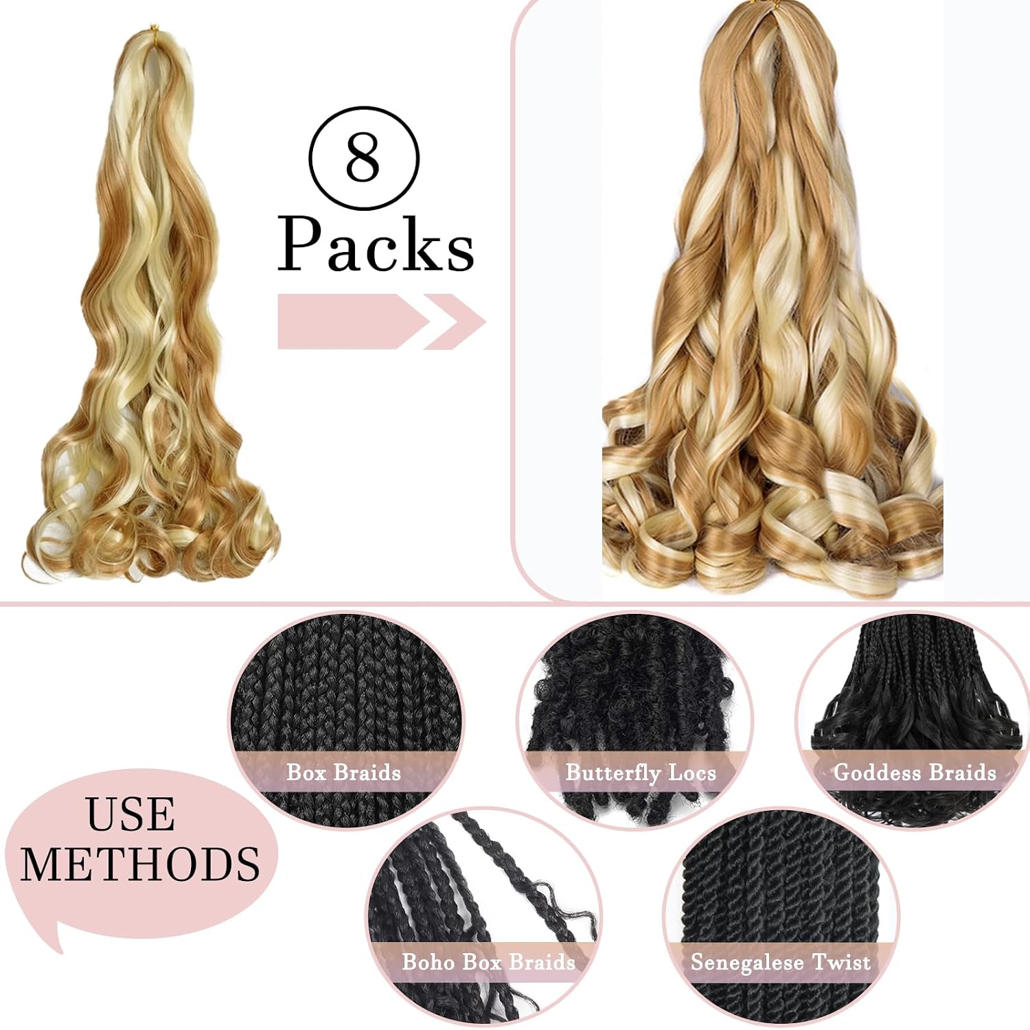 French Curl Braiding Hair 18 Inch Curly Braiding Hair 8 Packs Pre Stretched Bouncy Loose Wave French Curls Crochet for Black Women (P27/613, 18 inch (pack of 8))