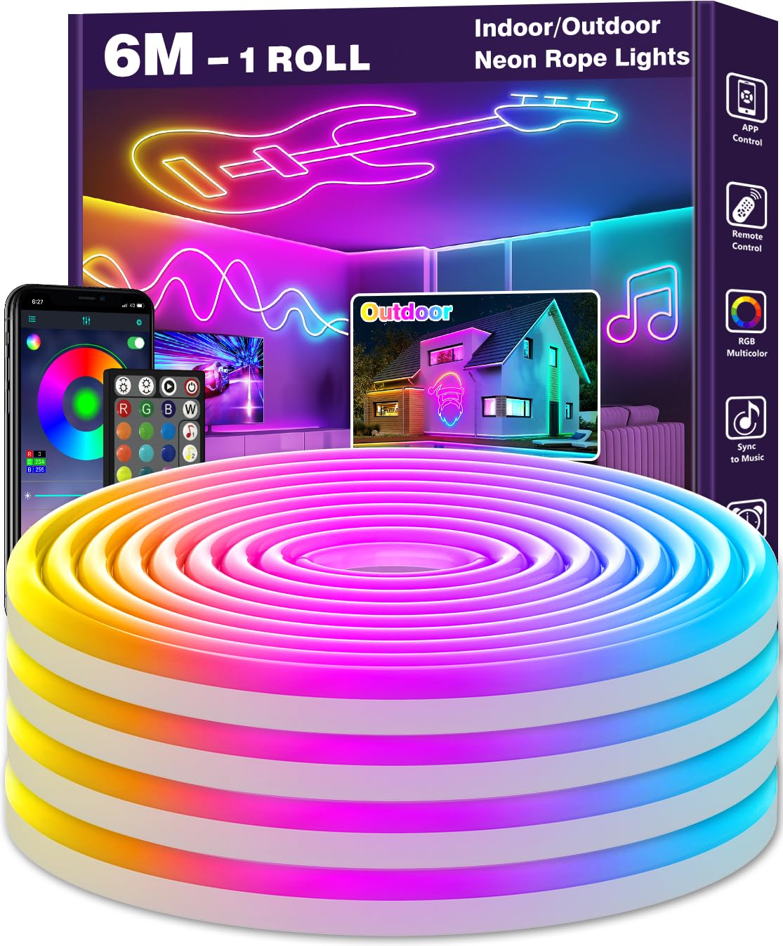 LETIANPAI 6m Neon LED Strip, Flexible LED Strips, Control with App/Remote, Multiple Modes, Waterproof, Music Sync Gaming Strip Lights for Bedroom Indoor, IP65 Outdoor RGB Neon Lights