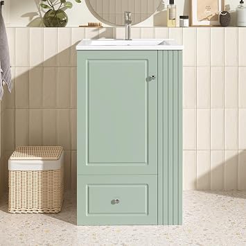 20" Small Freestanding Bathroom Vanity with Sink Combo, Small Space Bathroom Storage Cabinet with Soft-Close Drawer, Open Side Shelves with Pinewood Towel Bar