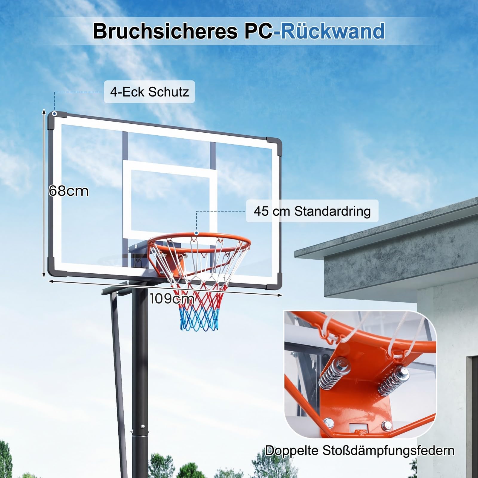 GYMAX Basketballkorb Outdoor, verstellbare Korbhöhe 204-358 cm, Basketballständer mit Rollen & befüllbarer Basis
