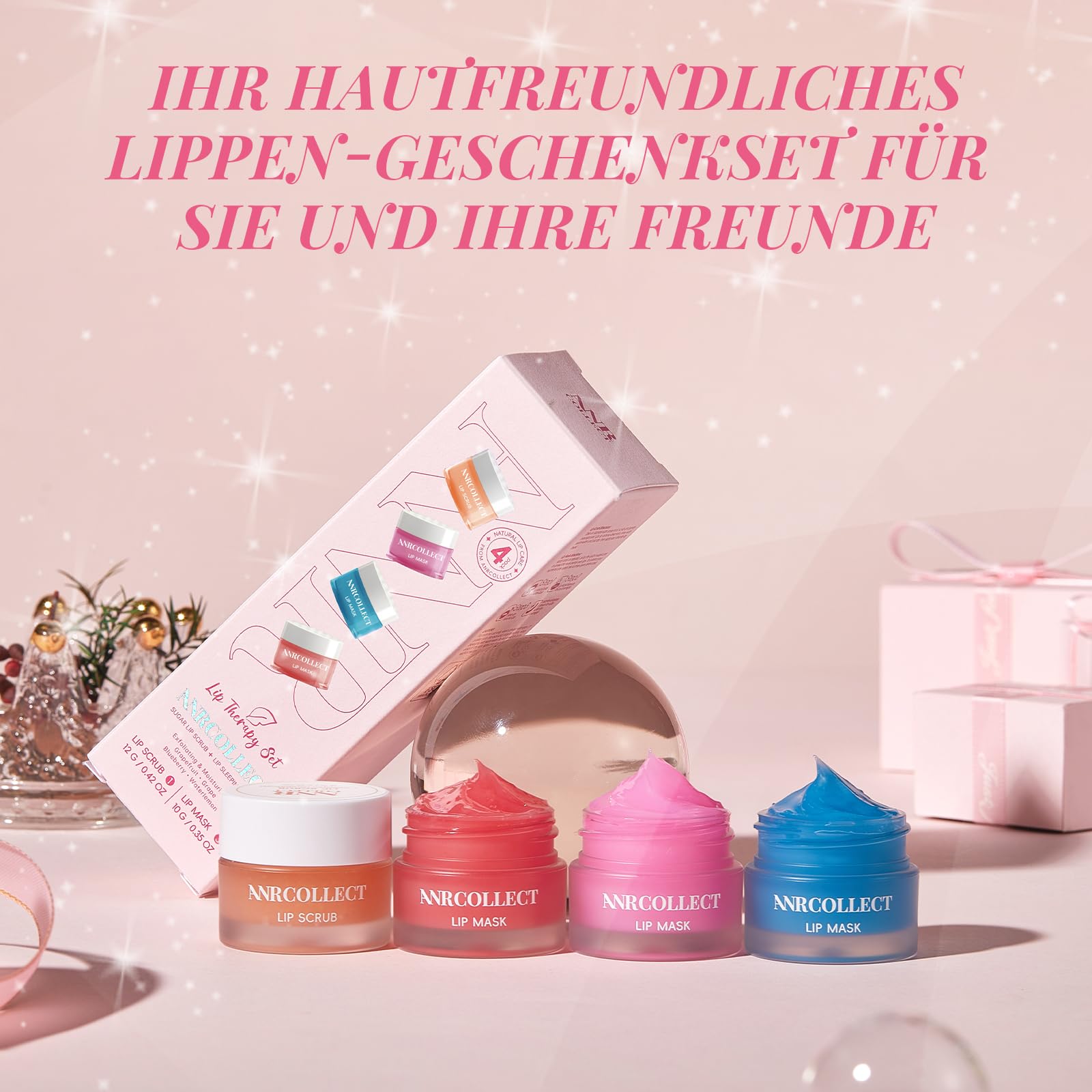 ANRCOLLECT Lippenmaske+ Lip scrub, Lippenpeeling, 4P Lippenpflege Set Mit 3 Lip Sleeping Mask, Lippenmaske Overnight, Lippenbalsam Set FÜR Trockene, Spröde, Rissige Lippen, Feine Linien & Falten | 1 Peeling Scrub + 3 Overnight Masken für weiche, hydratisi