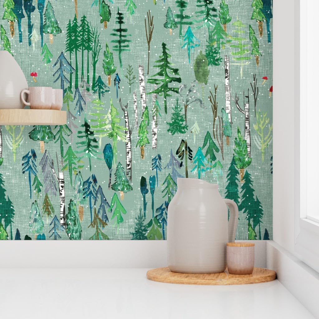 Peel & Stick Wallpaper 6ft x 2ft - Forest Sage Snow Mushroom Blue Woodland Pine Birch Trees Winter Christmas Custom Removable Wallpaper by Spoonflower