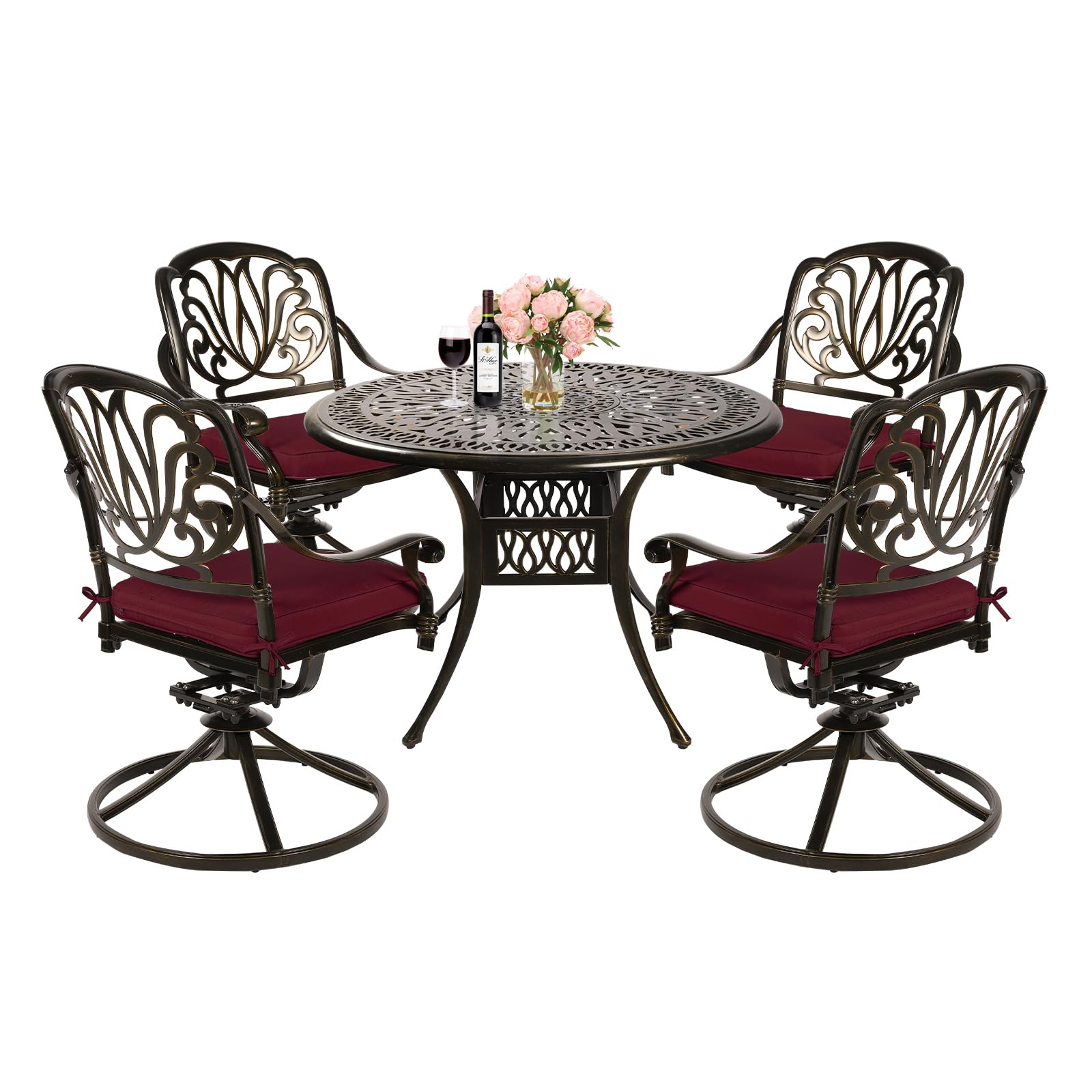 MEETWARM 5-Piece Outdoor Patio Dining Set, All-Weather Cast Aluminum Patio Conversation Set for Backyard Garden Deck with 4 Cushions Swivel Rocker