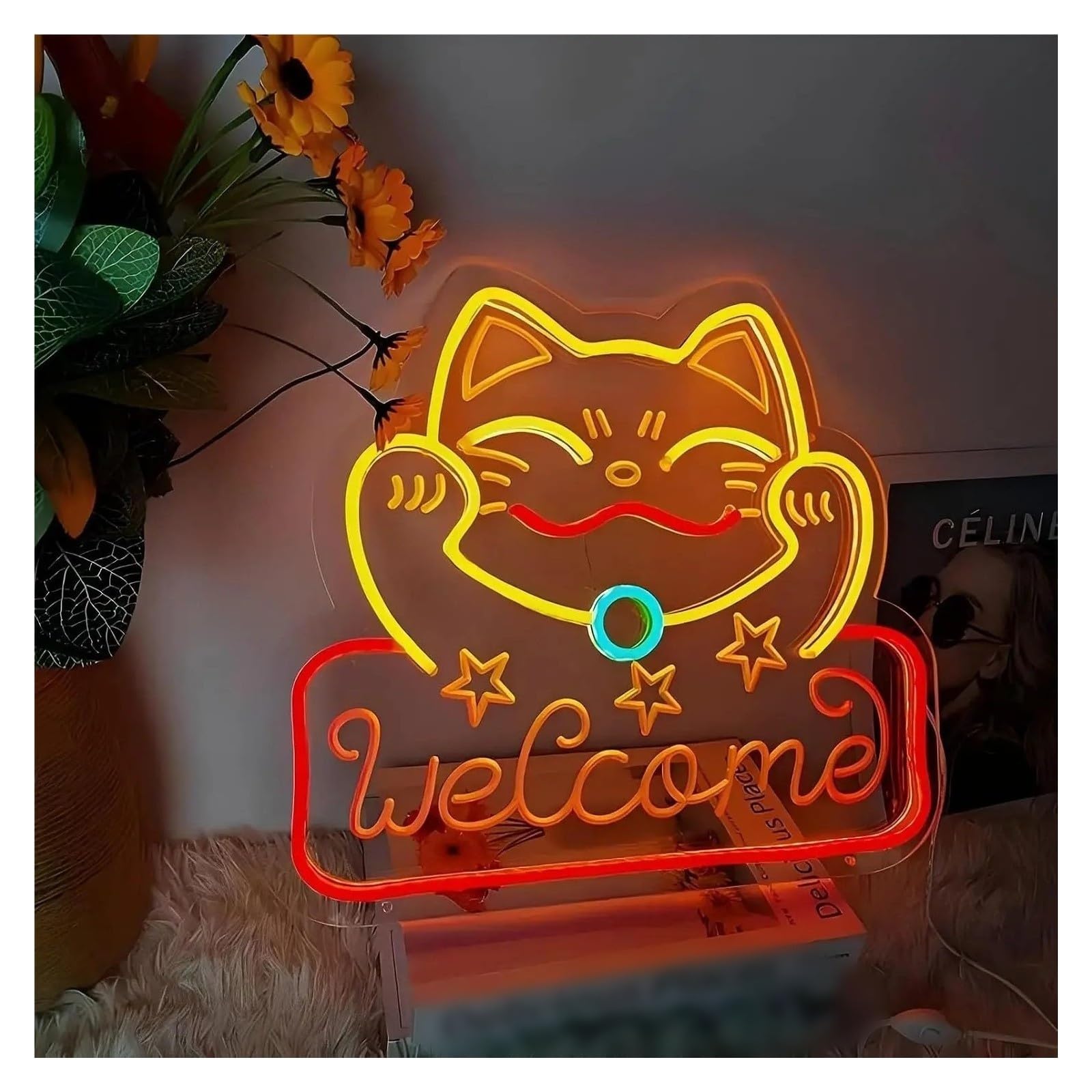Decoración Lámparas Maneki Neko Bienvenido LED Letrero De Neón