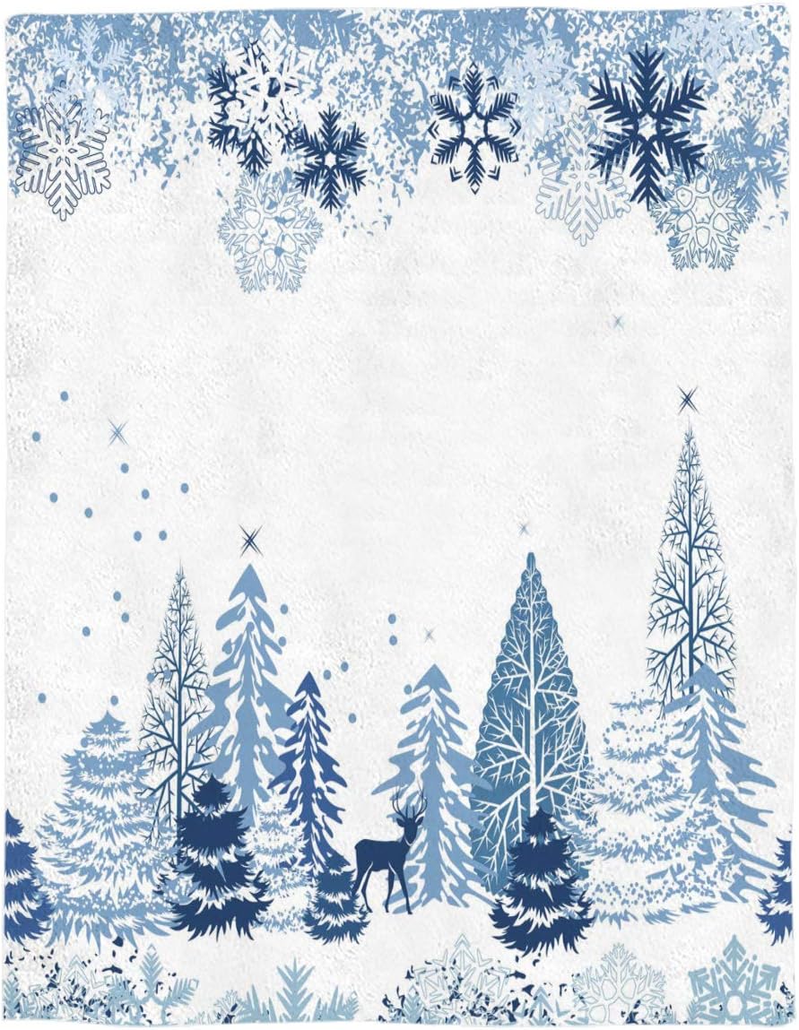 Fleece Throw Blanket Plush Fuzzy Lightweight Throws Christmas Blue Trees with Snowflake and White Snow Reversible Cozy Bedding Blanket for Couch,Sofa,Crib Stroller 49" x 59"