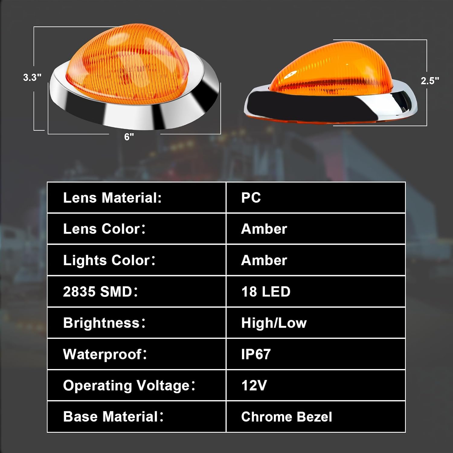 2Pcs 6" Amber Lens Amber LED Side Marker & Turn Signal Light, 18 LED Oval Sleeper Cab Clearance Light for Freightliner Century/Columbia, Universal Truck Trailer, Surface Mount, Chrome Bezel