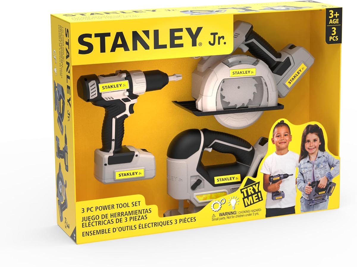 Stanley Jr. Juego de 3 herramientas eléctricas de juguete para niños con taladro, sierra circular y rompecabezas Divertidas herramientas de juego de simulación para jóvenes constructores a partir de 3 años Pilas incluidas