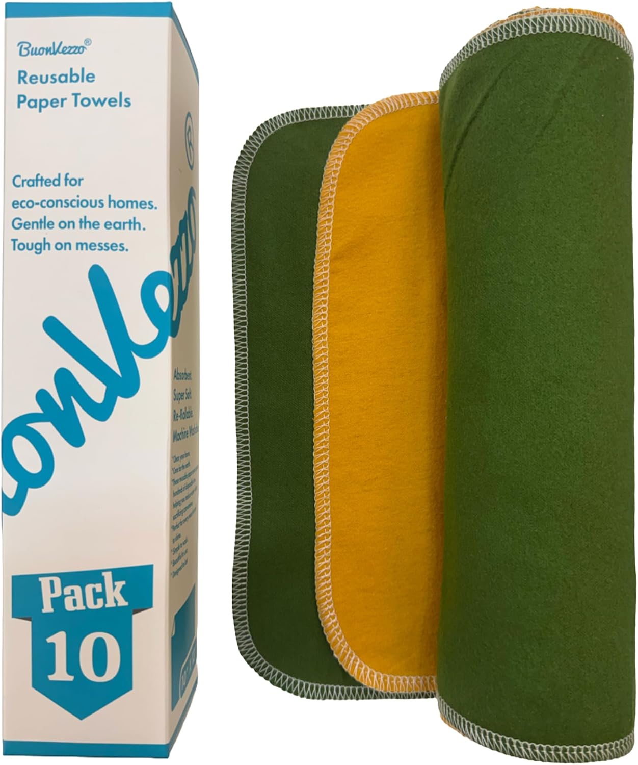 Reusable Paper Towels – Washable Cotton Cloth Towels, Eco-Friendly Paperless Napkins for Kitchen & Home, Soft & Absorbent, Zero-Waste Cleaning Alternative (Green+Yellow, 13″ X 10″)