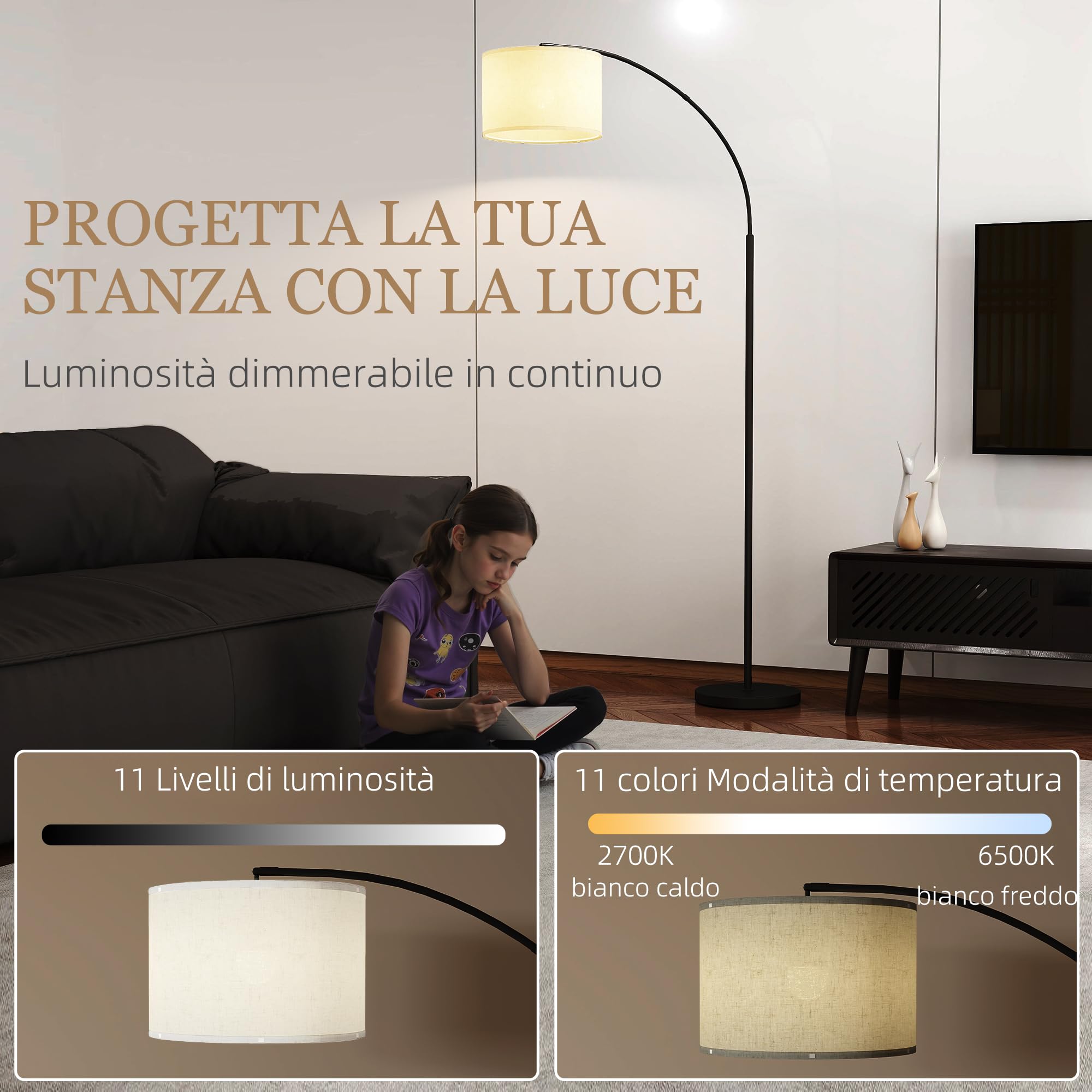 HOMCOM Lampada da Terra a LED Dimmerabile con Telecomando, Piantana Lampada con Luce Regolabile su 11 Colori di Temperatura e 11 Luminosità, Timer 60 Minuti, Paralume Girevole e Inclinabile, Nero