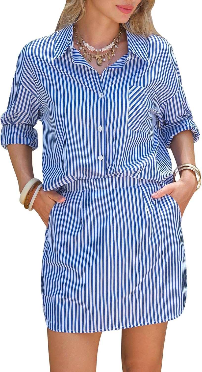 EXLURA Womens Summer 2 Piece Sets 100% Cotton Striped Long Sleeve Button Shirts Matching Skirt Beach Vacation Outfits 2026