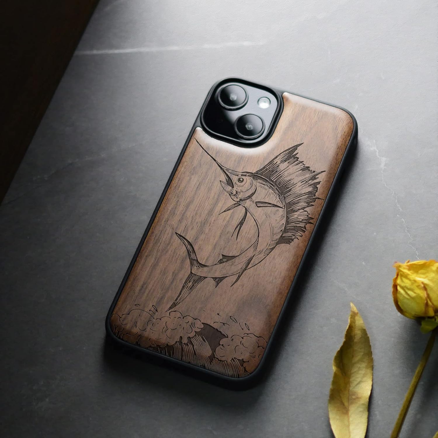 Carveit Magnetic Wood Case for iPhone 14 Case [Natural Wood & Black Soft TPU] Unique & Classy Wooden Shockproof Protective Cover Compatible with magsafe (Sailfish -Walnut)