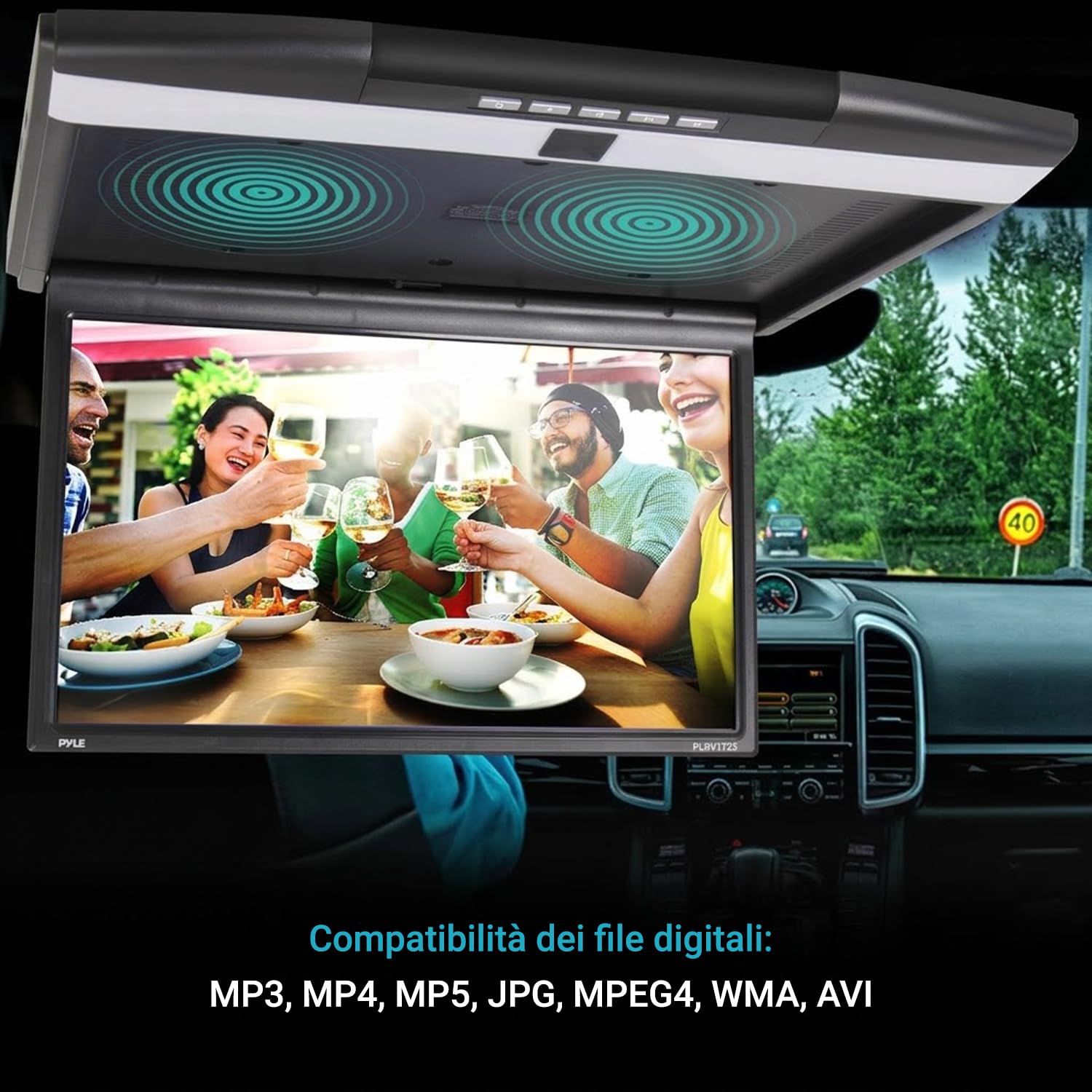 Pyle Schermo per Auto, Monitor 43,9 cm, Monitor LCD Ribaltabile da Tetto per Veicolo, HDMI, Trasmettitore IR Integrato per Cuffie Wireless, Pannello Comandi
