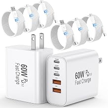 60W USB C Charging Block 2-Pack with (C-C & A-C) 6FT Cable 6-Pack, 5-Port Wall Fast Charger Multiport Charging Station, Tr...