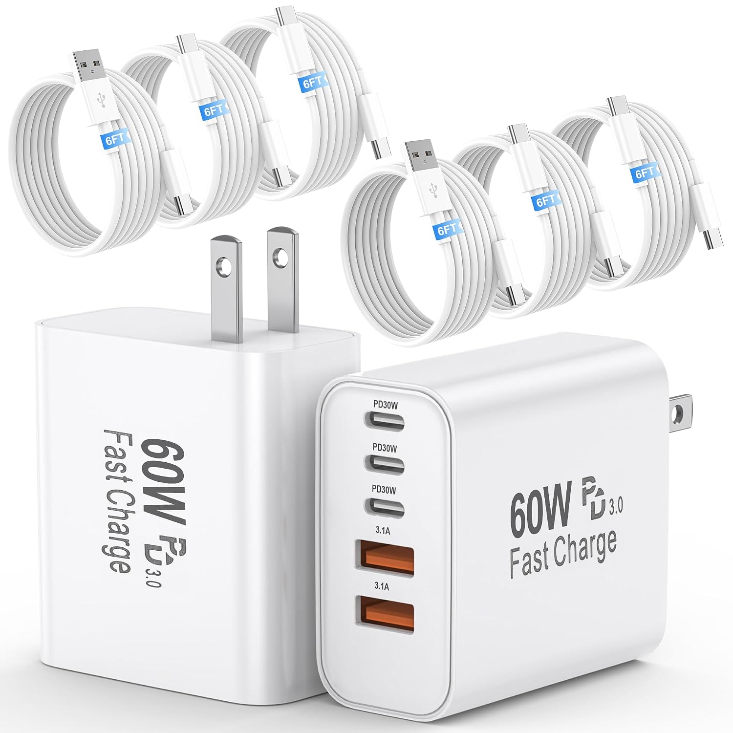 60W 5-Port USB C Charger 2-Pack, 6FT C-C/A-C Cable 6 Pack Multiport Station