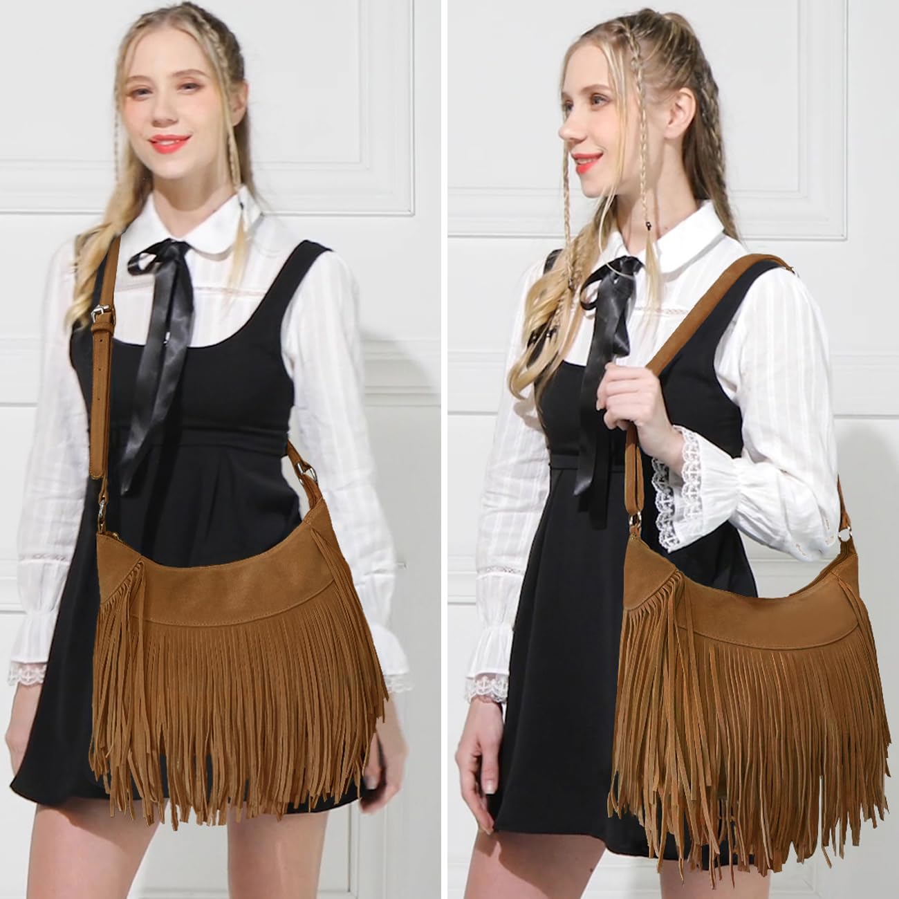 Sunwel Fashion Women Fringe Hobo Bag Western Purse Shoulder Bag Vegan Suede Tassel Hippie Crossbody Bag - Image 2