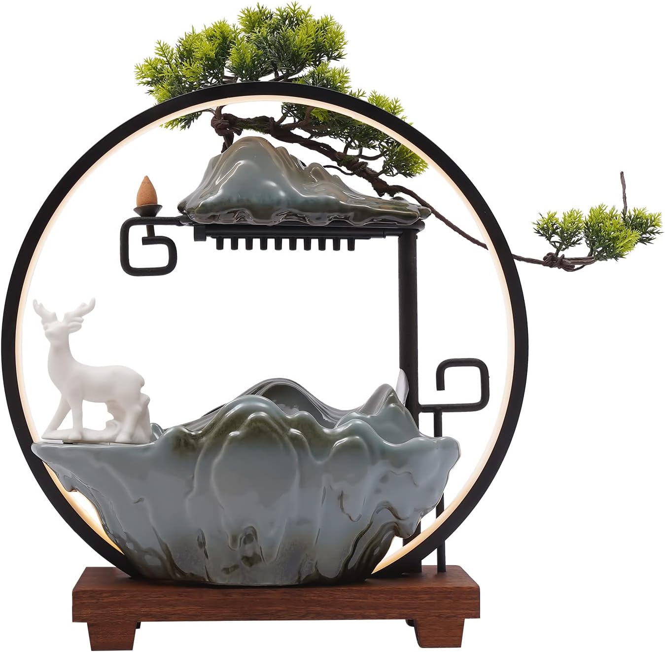 Small Fountain for Table Top - Indoor Waterfall and Fog Led - Indoor Fountain and Deer Decoration - Including Reflux Incense and Fake Plants - for Good Fortune