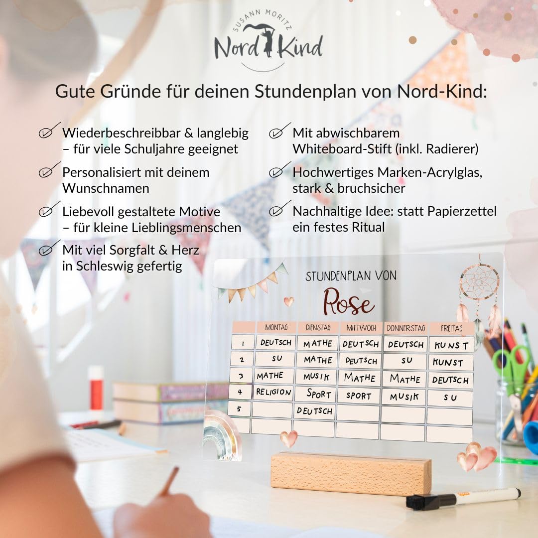 Nord-Kind personalisierter Stundenplan aus Acryl – abwischbar & wiederverwendbar – für Kinder der 1. Klasse zur Einschulung – Mädchen & Jungen (Boho2)