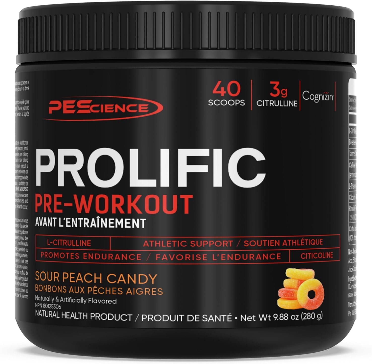 PEScience Prolific Energy Pre-Workout Powder with Citrulline for Pump, Rhodiola & CDP-Choline Nootropic for Focus, Stim Preworkout for Men & Women, 40 Scoops, Sour Peach Candy