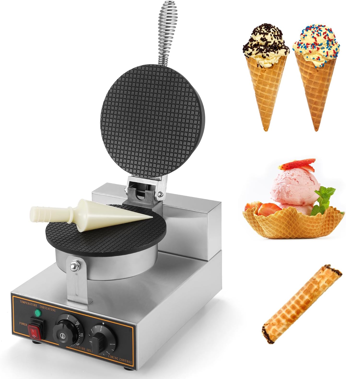 IRONWALLS Commercial Waffle Cone Maker Machine, 110V 1200W Stainless Steel Electric Ice Cream Cone Waffle Maker Machine with 8.3” Non-stick Baking Tray, Temperature & Time Control for Restaurant