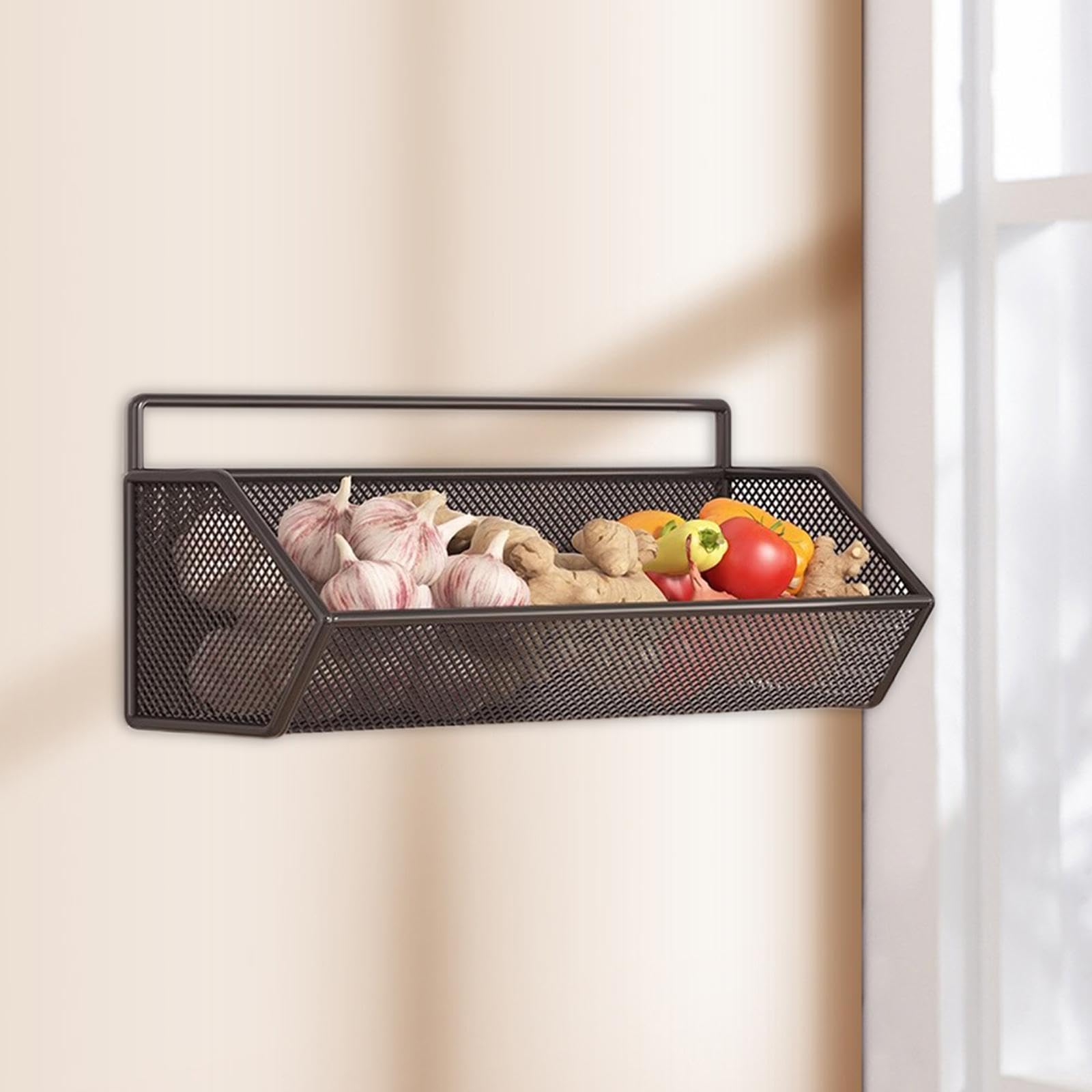 Hängekorb 1 Gitter, Obst Aufbewahrungskörbe, hängende Obstkörbe, selbstklebend, hängende Lagerung Organisator, Metallgitter Körbe abnehmbar für Küche Bad Schränke, 26 cm x 15 cm x 12 cm