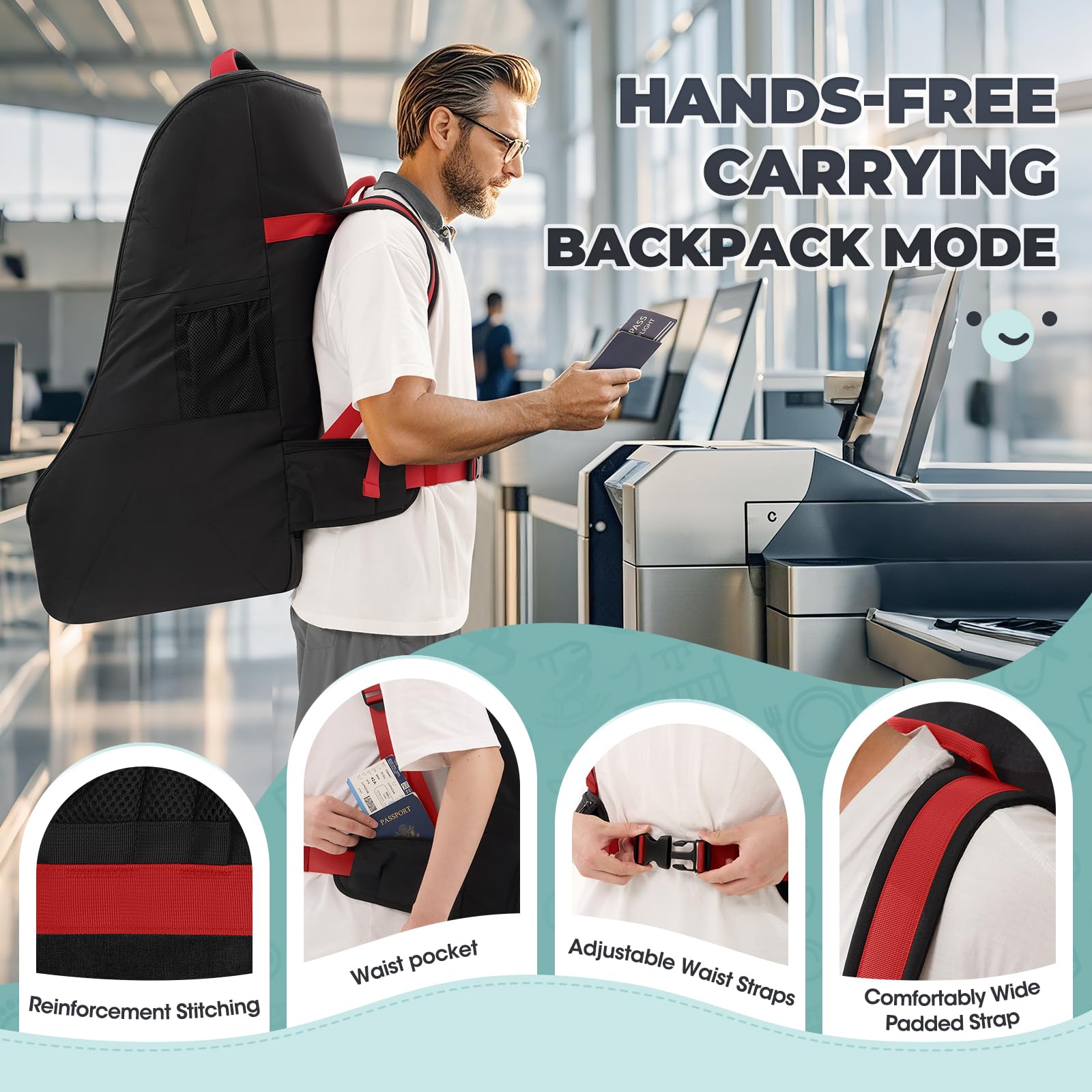 RAINSMORE Borsa da Viaggio per Seggiolino Auto per Aereo, Impermeabile Borsa da Trasporto Per Seggiolino Auto con Tracolla, Zaino per Seggiolino Auto per Viaggi Aerei Gate Check e Stoccaggio