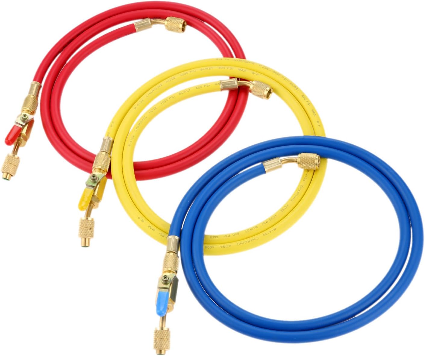 Refrigerant A/C Charging Hoses with Ball Valves, 3-Color 60" R410A HVAC 1/4" SAE 800 PSI Working Pressure, Fit for R134A R12 R22 R502 R404 Coolant Adding and Air Condition Maintenance