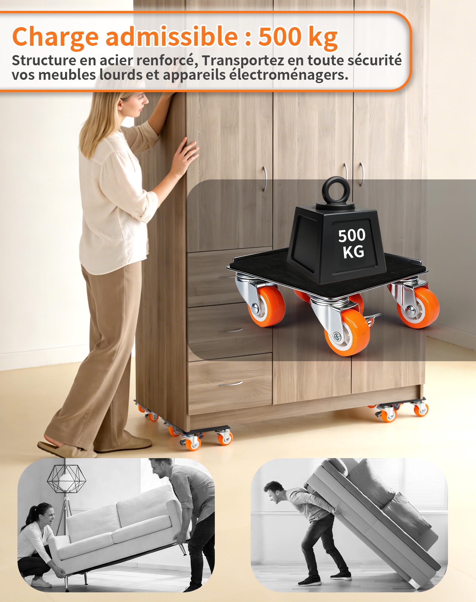 Kit Pro Déplace Meubles Lourds 500 kg, Structure 5 Roues Renforcées avec Lève-Meuble, roulettes Pivotantes 360° avec Frein, Chariot de Transport pour Déménagement, Réfrigérateur, Machine à Laver