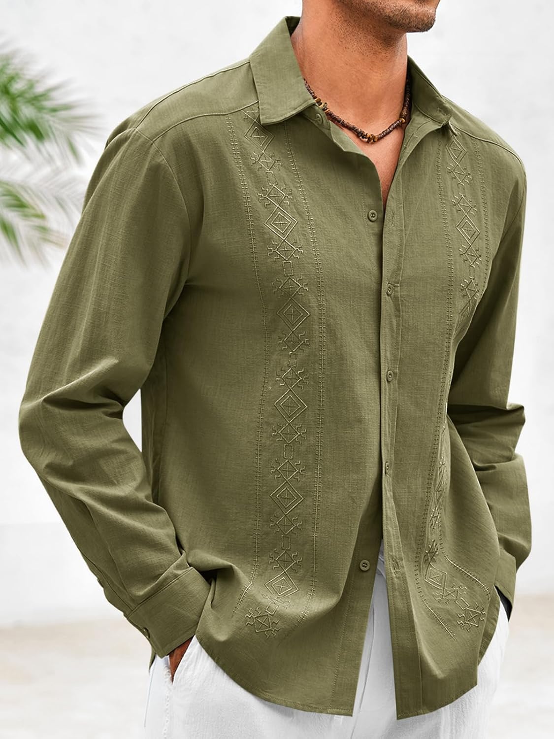 Makkrom Men's Casual Cotton Linen Button Down Shirts Cuban Guayabera Shirt Long Sleeve Summer Beach Tops - Image 2