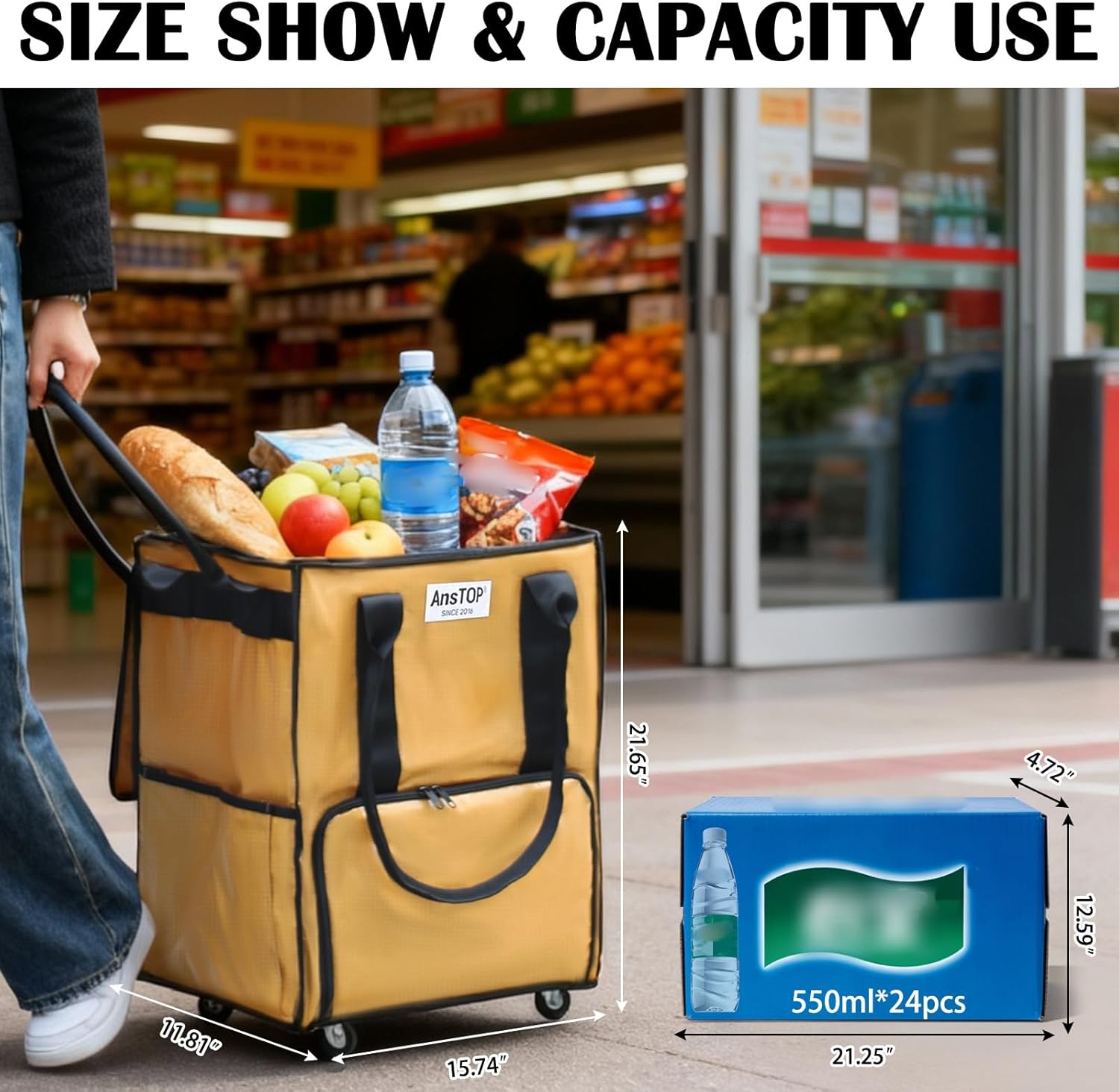 AnsTOP Reusable Grocery Bag on Wheels, 66LBS Foldable Shopping Cart with 5 Smooth Caster Wheels Zippered Top, Rolling Tote with Multiple Pockets for Groceries, Laundry, Travel, Camping,Medium,Brown