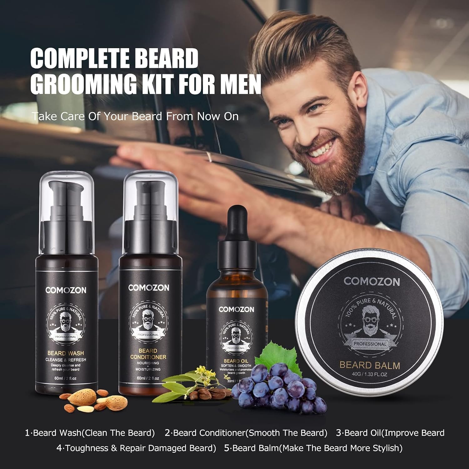 Kit Barbe Homme Complet 12 en 1, Soin Barbe avec Huile, Shampoing, Crème, Peigne, Ciseaux, Brosse, Rasoir