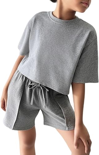 Girls 2 Piece Summer Outfit Set Short Sleeve Crop Top Drawstring Shorts, Casual Kids Clothing for 7-14 Years