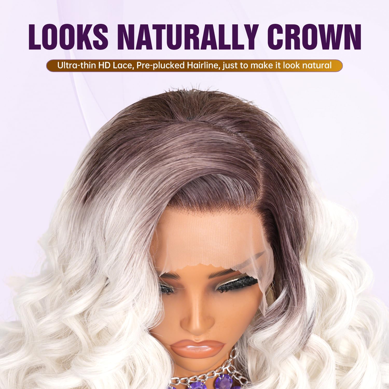 13x4 Glueless Wigs HD Transparent Lace,Wear and Go Synthetic Wig,C Part,200% Density Body Wave with Baby Hair,Pre-Plucked Frontal Wigs for Women (Grey Purple to White Ombre, 28 inch, Deep Wave)