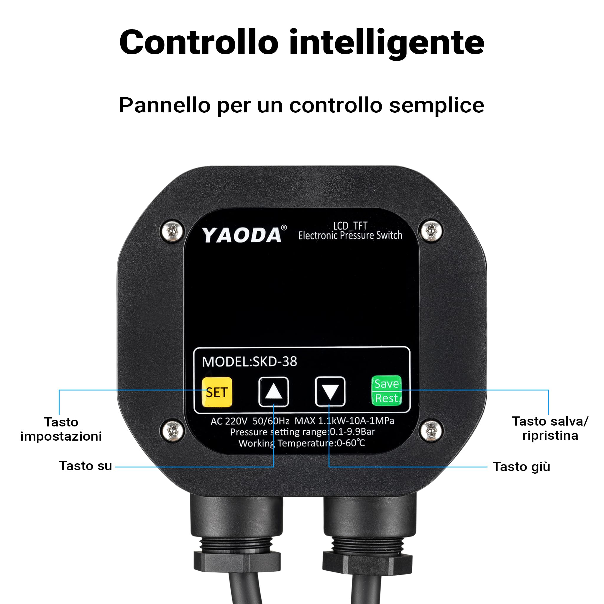 Wiltec Pressostato elettronico per impianti idrici domestici, pompe da giardino, pressostato con avvio/arresto automatico, protezione contro la mancanza d'acqua, sensore di pressione