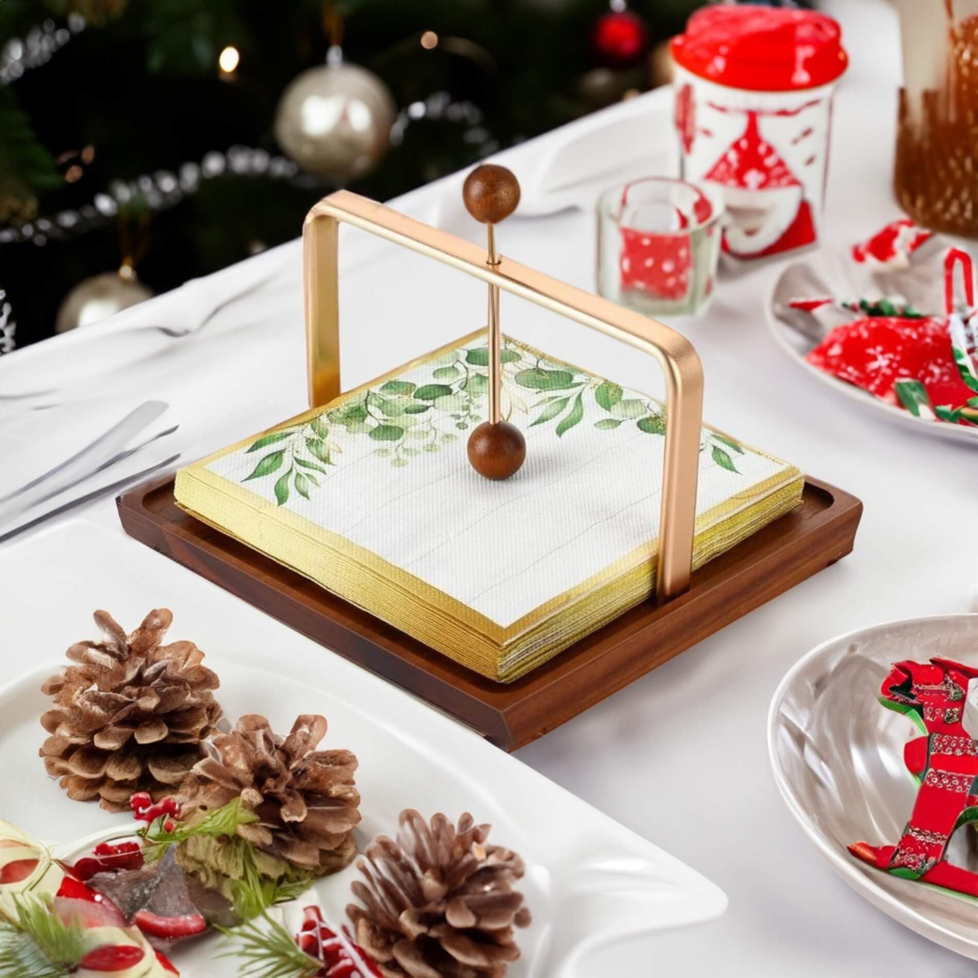 Portatovaglioli da Tavolo in Legno di Acacia e Metallo Dorato, con Braccio Fermatovaglioli Ponderato, Design Moderno ed Elegante per Cucina, Ristorante e Giardino