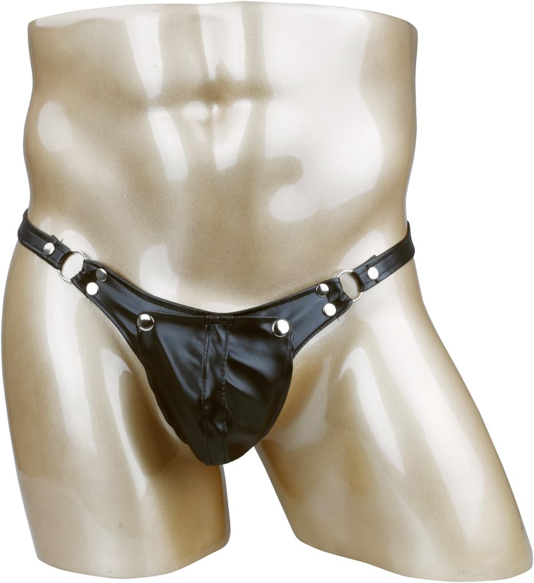 iEFiEL Men's Black Leather Bikini G-String Thong Lingerie with Buckle Pouch Buckled Black Medium (Waist:25.0-31.0")