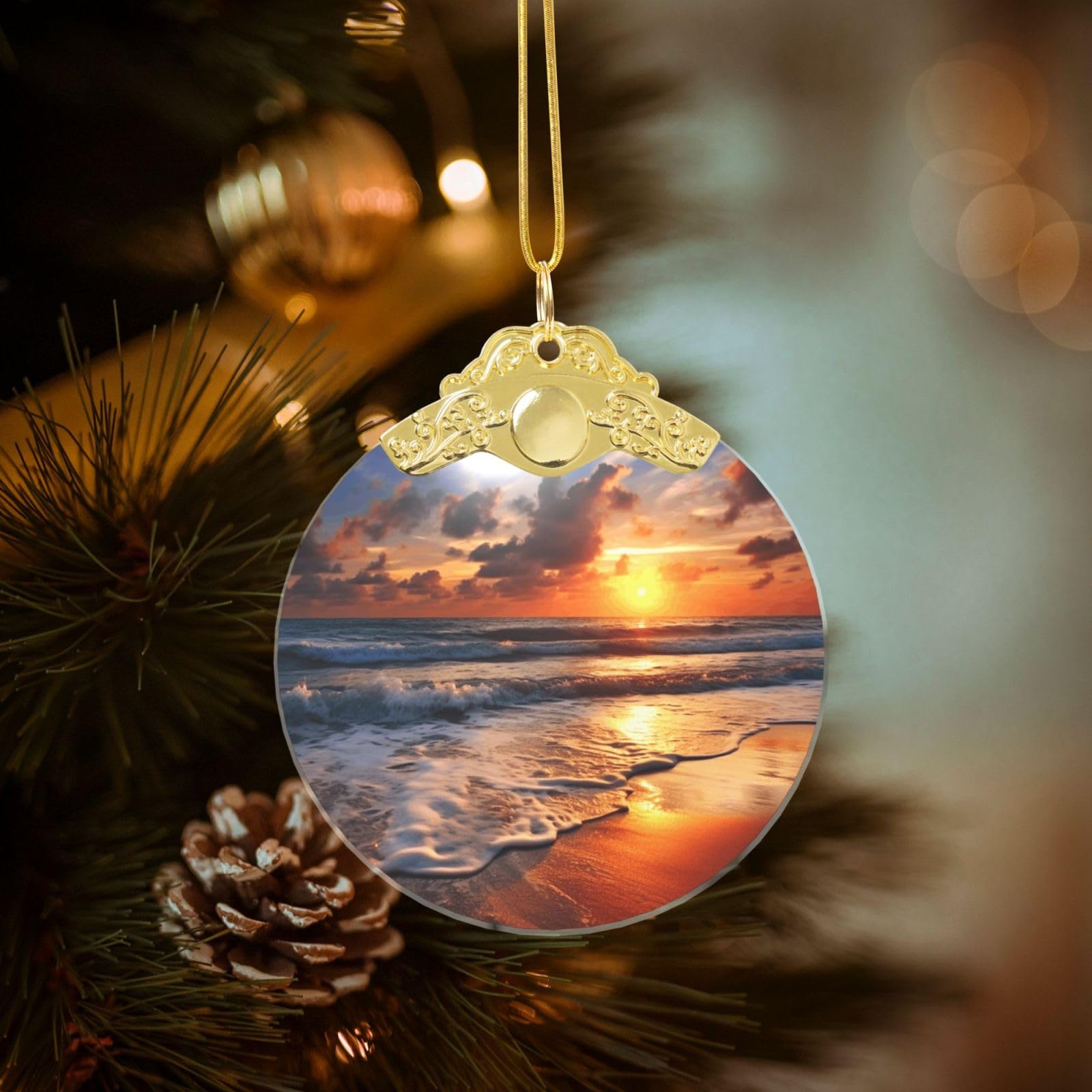 Crystal Christmas Ornaments for Christmas Tree Decoration Hanging Beach Sunrise Ornament with Gold Ribbon Crafts Round Pendant for Keepsake Gifts Glass Xmas Decor Party Supplies