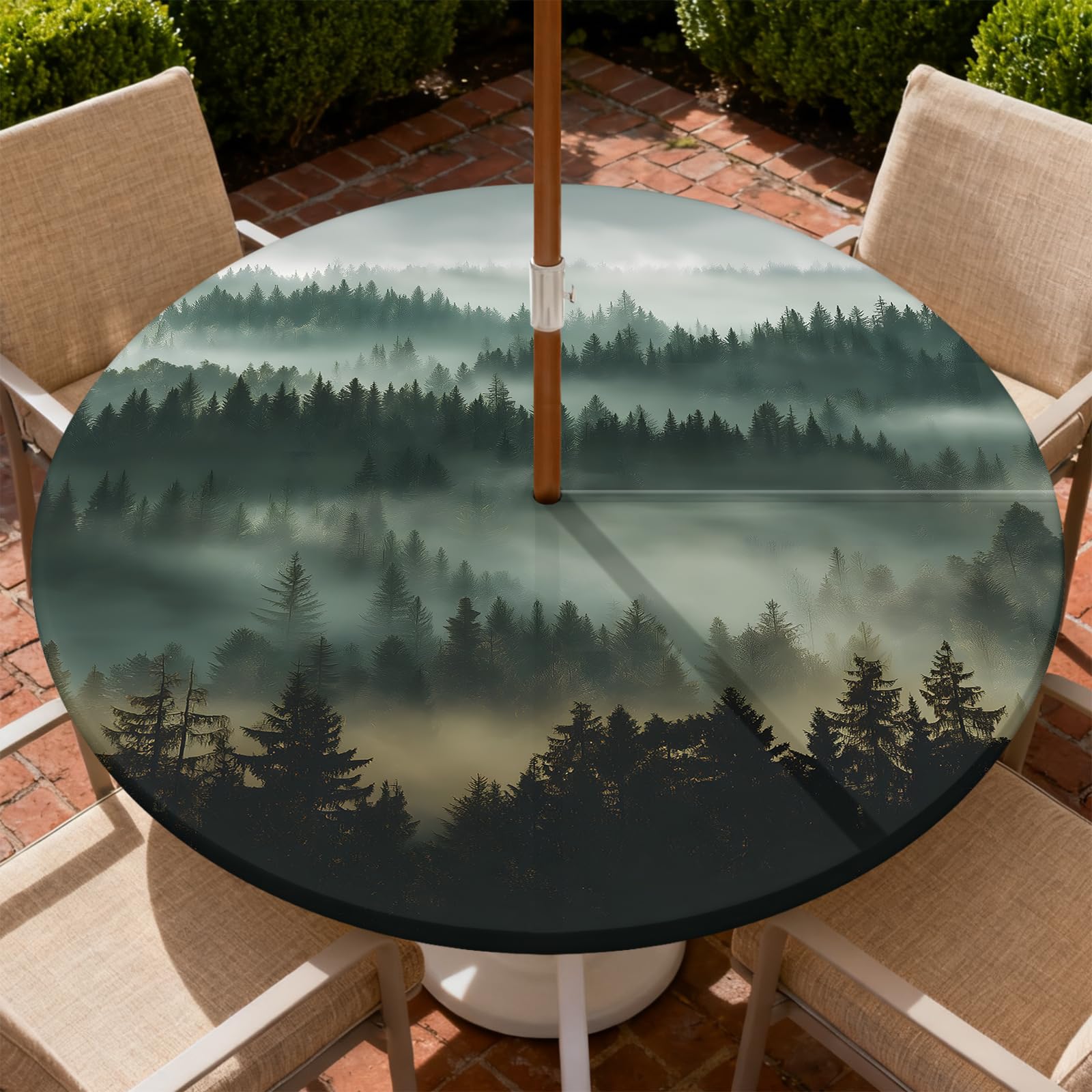 Photo 1 of ARTSGOO Round Outdoor Tablecloth with Umbrella Hole and Zipper Waterproof Round Fitted Tablecloth with Elastic Edge Wipeable Outdoor Table Cover for Patio Garden Picnic Party Fits 37-44" Tables