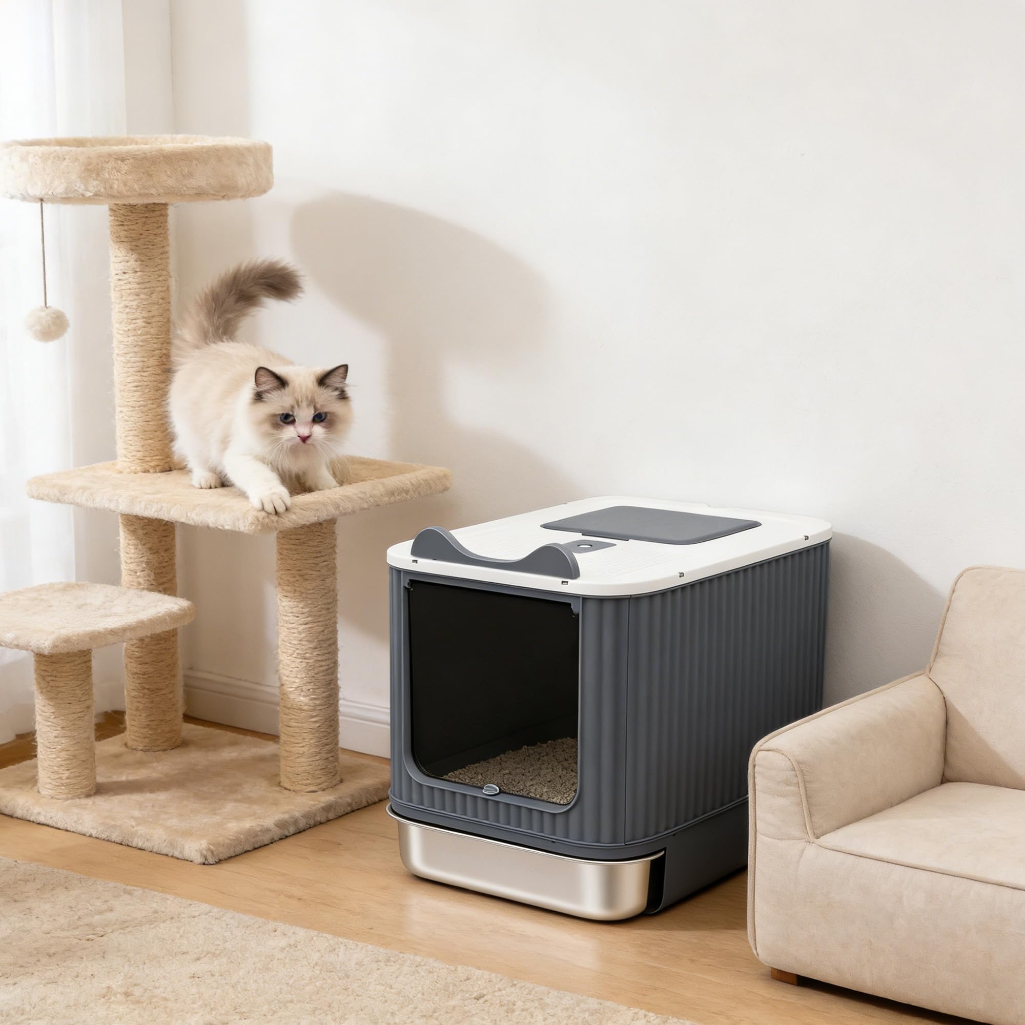 Arenero Gatos Cubierto, Arenero Cerrado para Gatos, Cajón extraíble, Incluye Pala, Catbox, Doble Entrada Frontal y Superior con Tapa