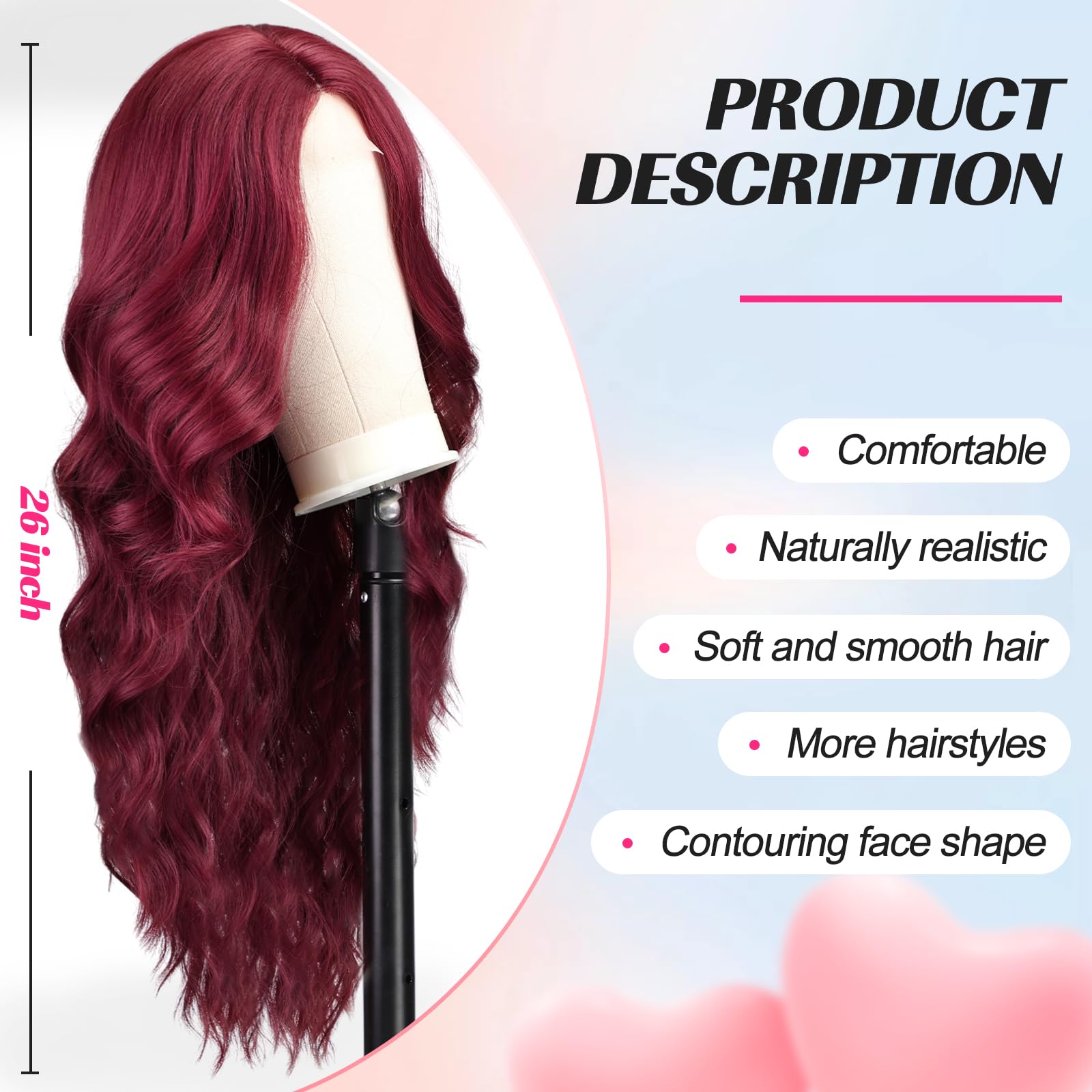 EMMOR Long Wine Red Wavy Wig for Women Lace Front Wigs Natural Looking 26 Inch Middle Part Curly Wig Heat Resistant Synthetic Wigs for Daily Party Use