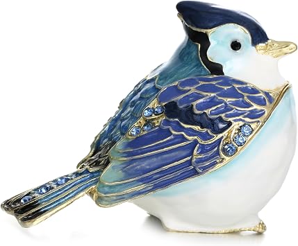 Hand Painted Enamel Hinged Trinket Box, Unique Mini Ring Necklace Jewelry Organizer, Classical Antique Bejeweled Storage, Figurine Collectible Keepsake Home Decor Blue Jay